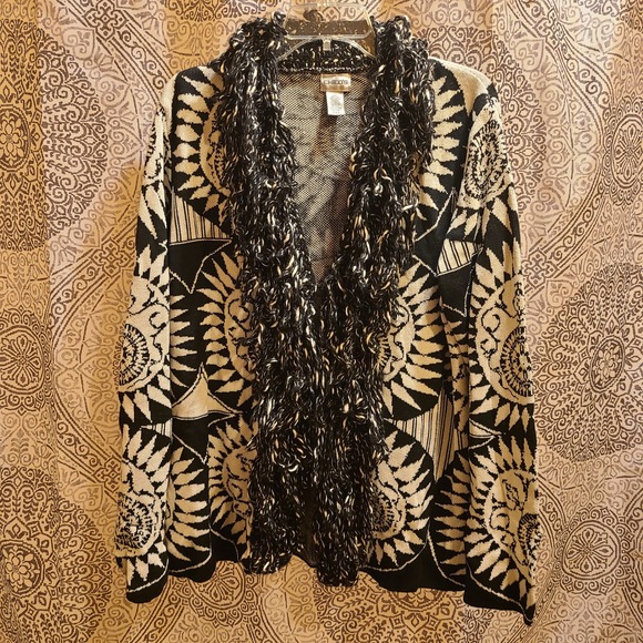 Chico's Sweaters - Chico's Cardigan Women Plus Size 3 Black Silk Cotton Sunburst Fringe Open‎ Front